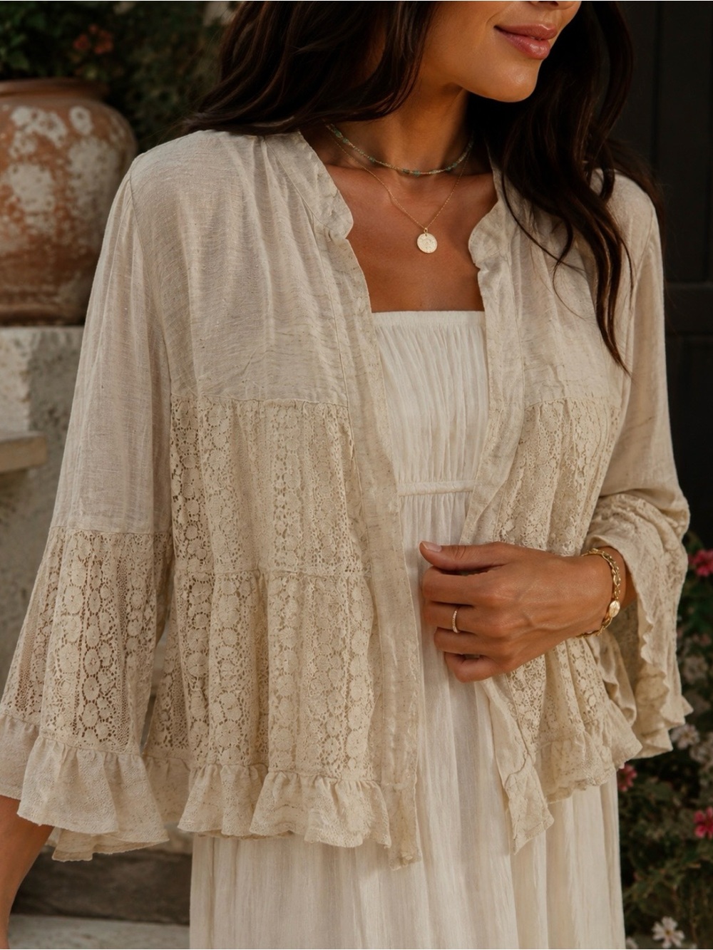 NWT Young Threads Lace-Trim Open Front Women's Blouse, L